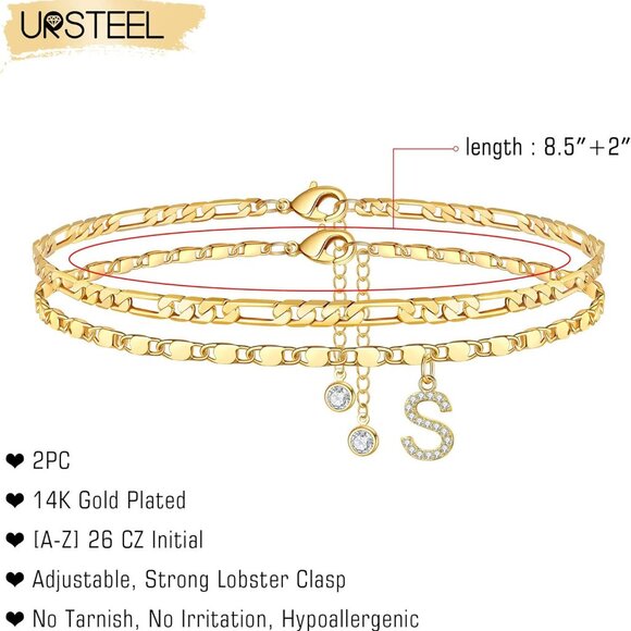 Ankle Bracelets for Women, 14K Gold Plated Dainty Layered Chain CZ Initial Ankle - Picture 2 of 6